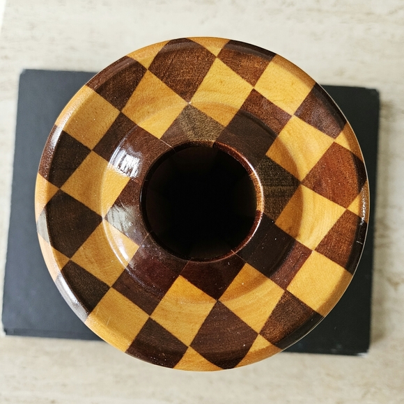 Vintage Segmented Multi Wood Mosaic Hand Turned Vase Two Tone Mid Century Modern - Picture 5 of 8
